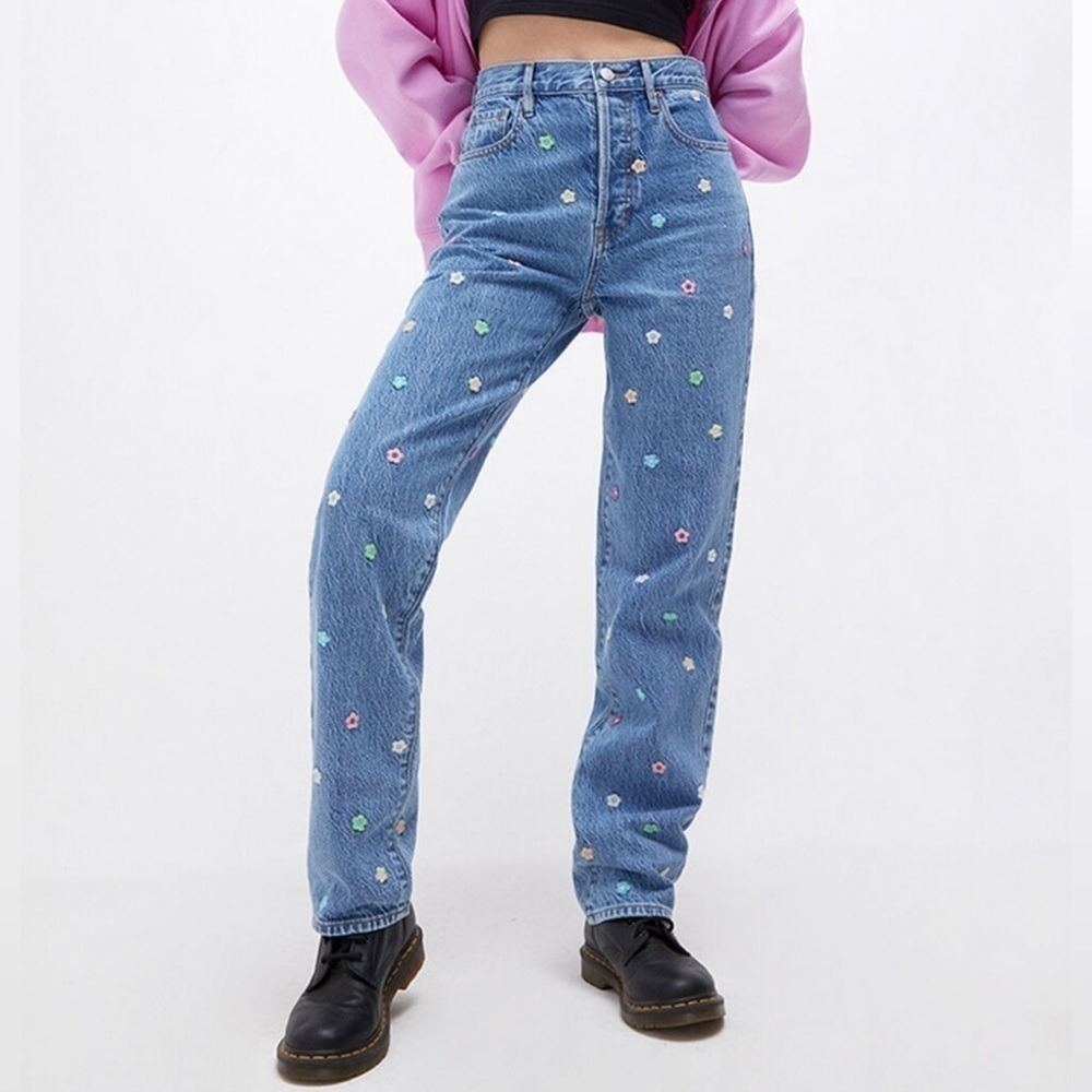 PACYUN Denim Dad Jeans Women 24‎ Blue Embroidered Flower Straight Leg Button Fly